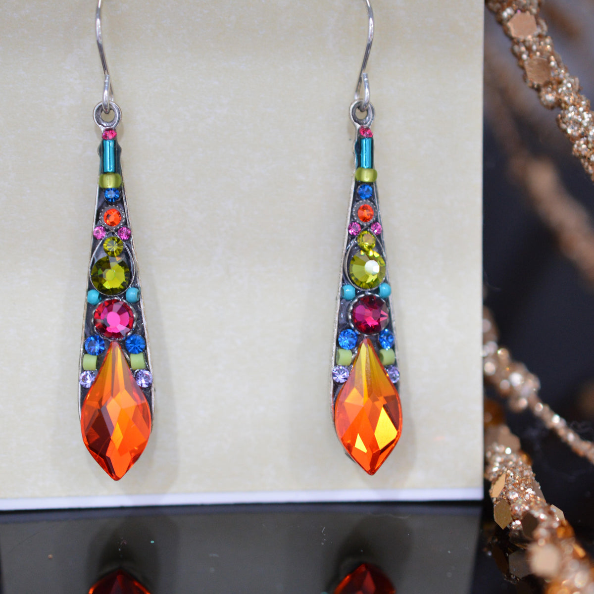 Antique Silver Plate Elongated Drop Earrings With Multi-Color Crystals By Firefly