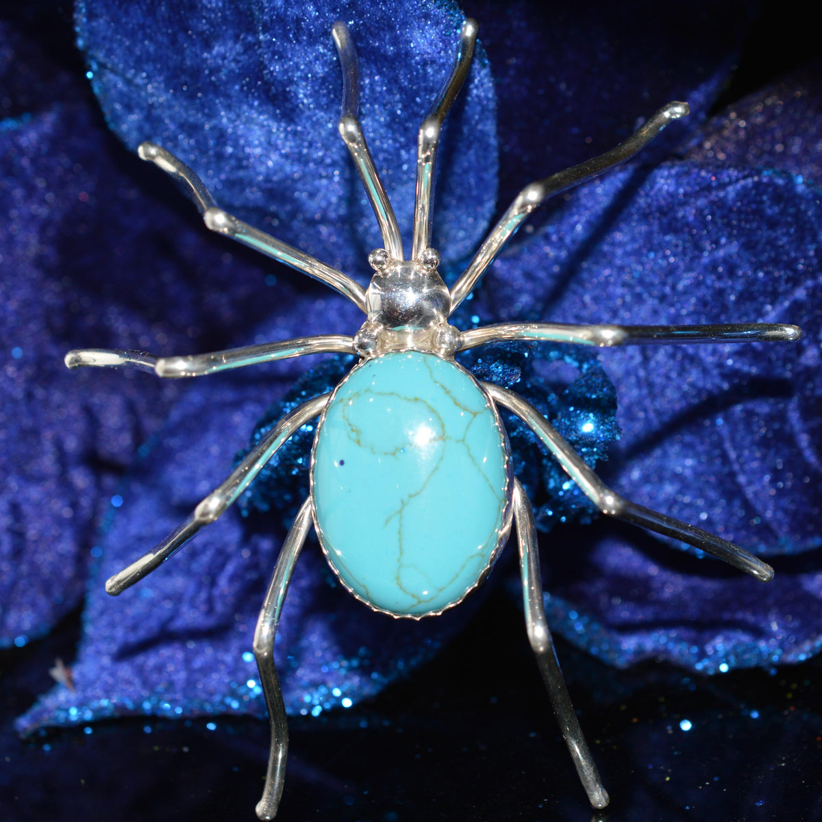 Sterling Silver Native American Artist Signed Turquoise Spider Brooch