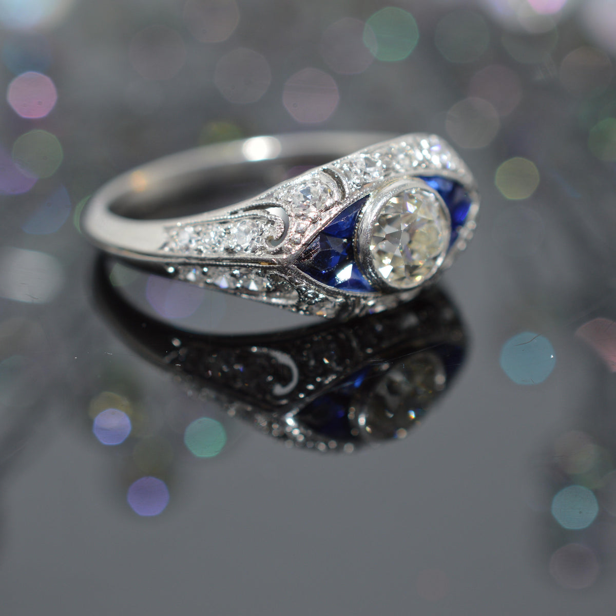 Platinum Art Deco Old European Cut Diamond Ring With Calibre Cut Sapphires