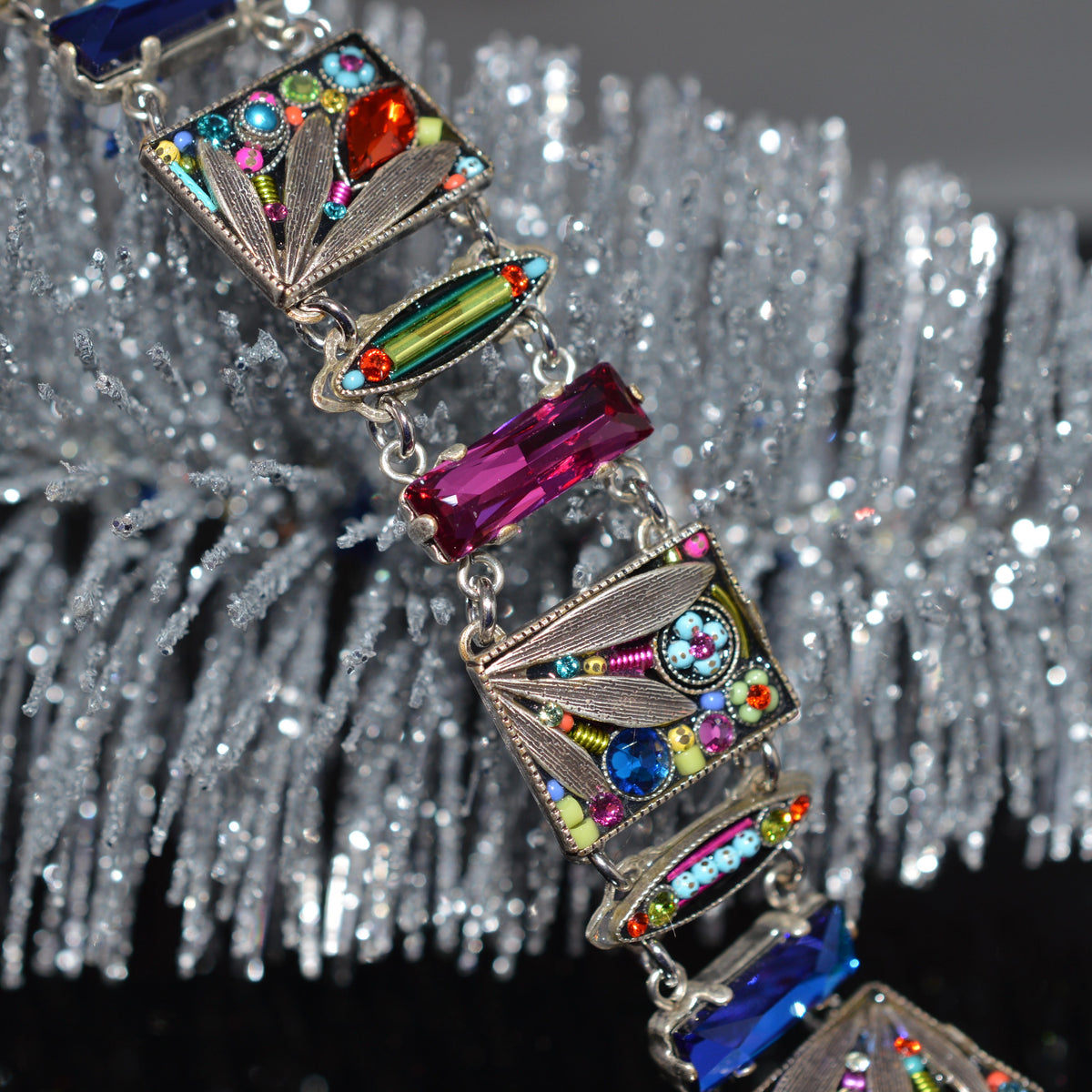 Antique Silver Plate Wide Botanical Bracelet With Multi-Color Crystals by Firefly