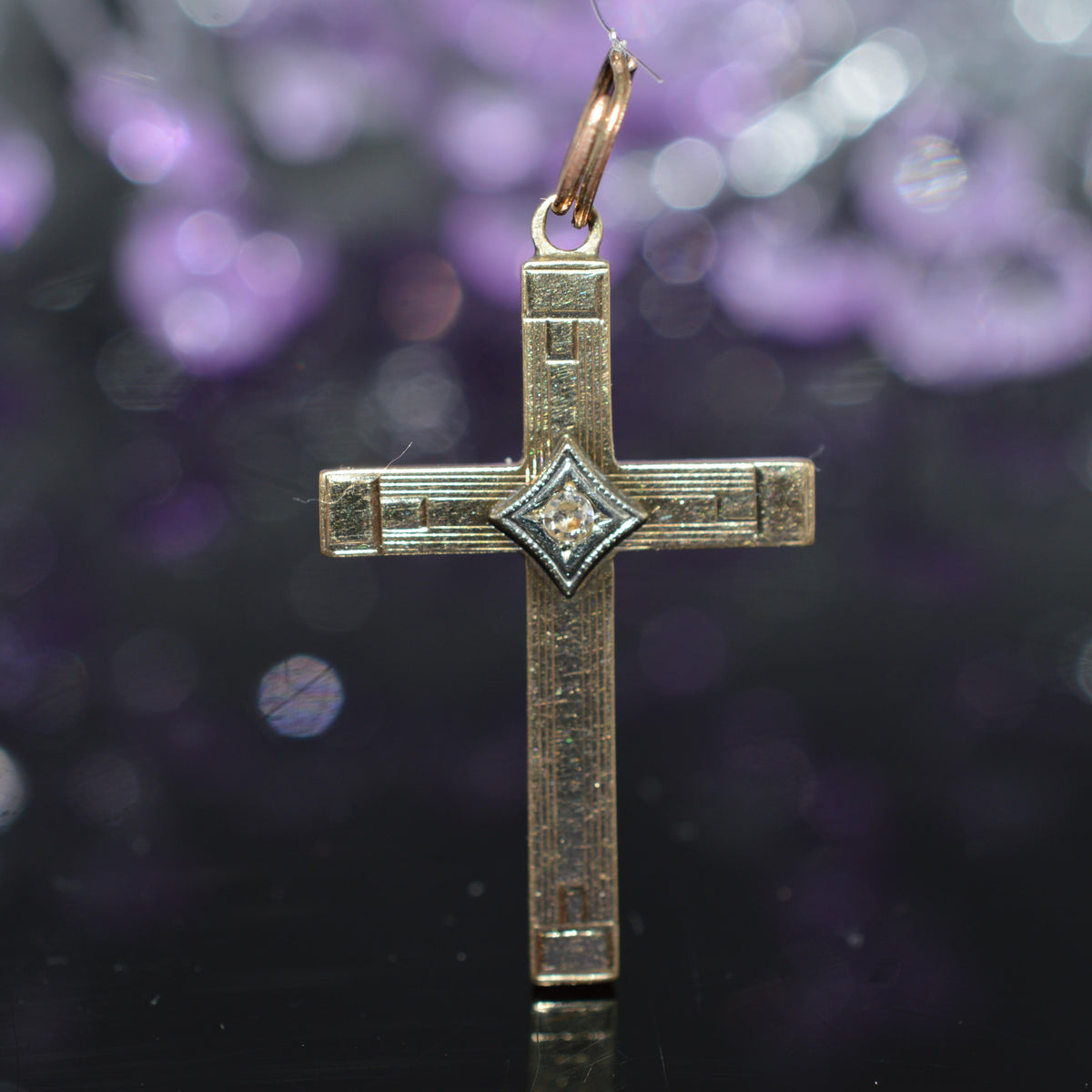 14K Yellow Gold Antique Cross Charm With Diamond