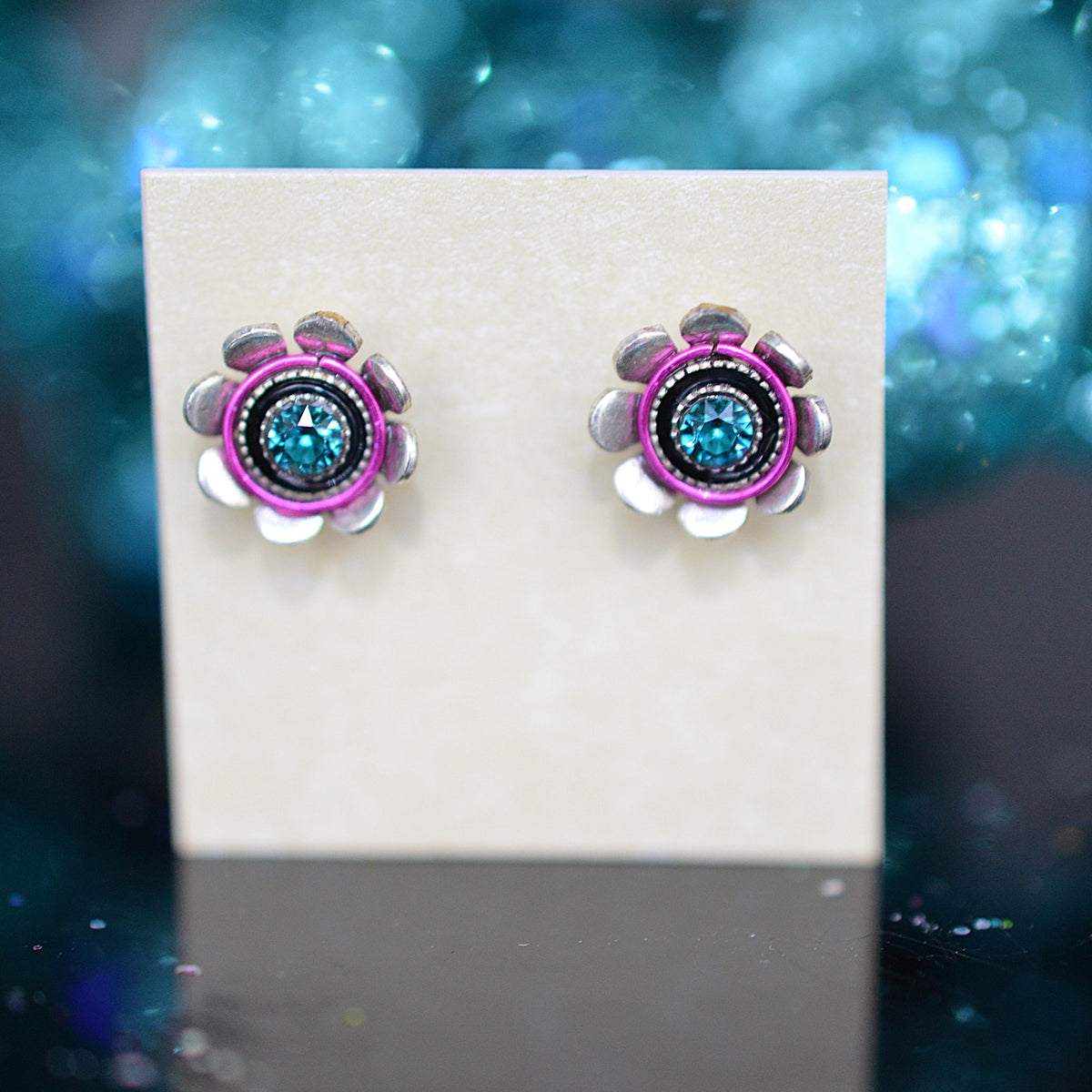 Antique Silver Plated Mini Flower Stud Earrings With Multi-Color Crystals by Firefly
