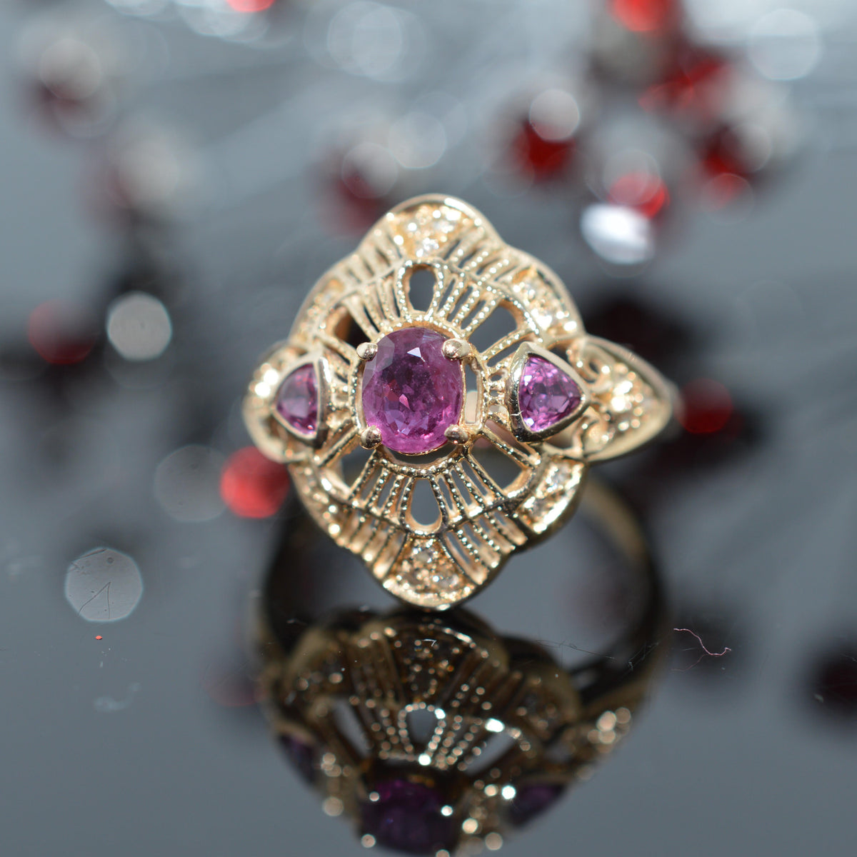 14K Yellow Gold Filigree Ring With 3 Rubies & Diamonds