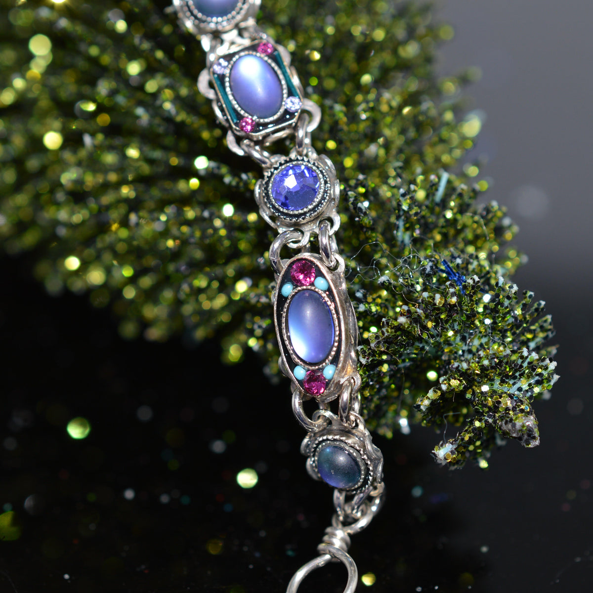 Antique Silver Plate Moonlight Bracelet With Tanzanite Color Crystals by Firefly