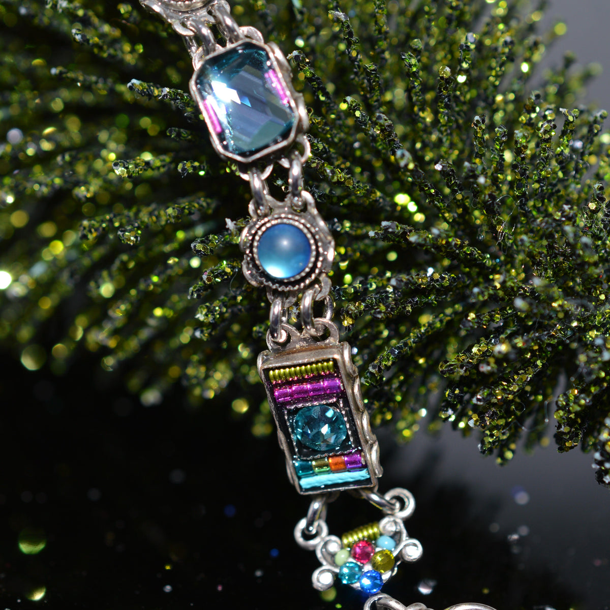 Antique Silver Plate Jasmine Mirror Bracelet With Multi-Color Crystals by Firefly
