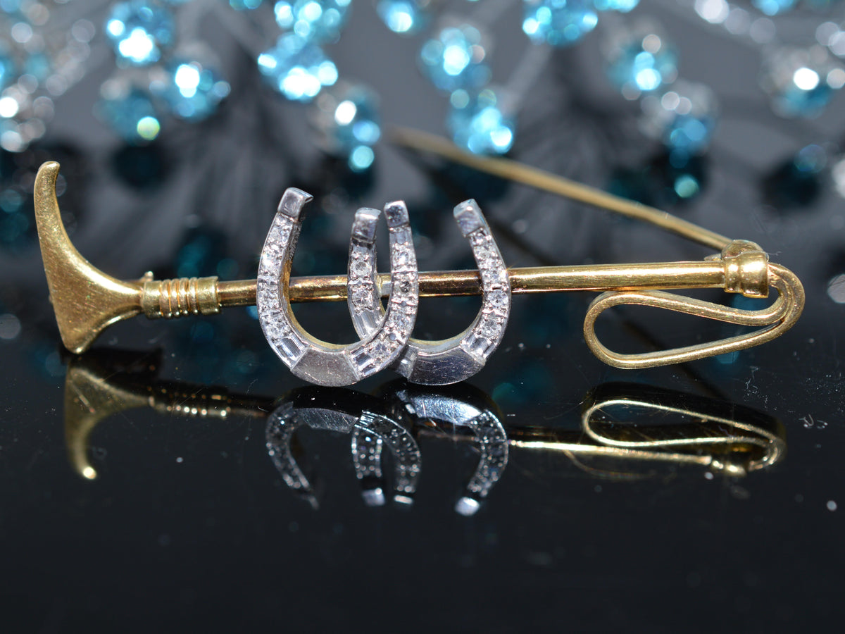 18K Yellow Gold & Platinum Equestrian Brooch With Riding Crop & Diamond Horseshoes