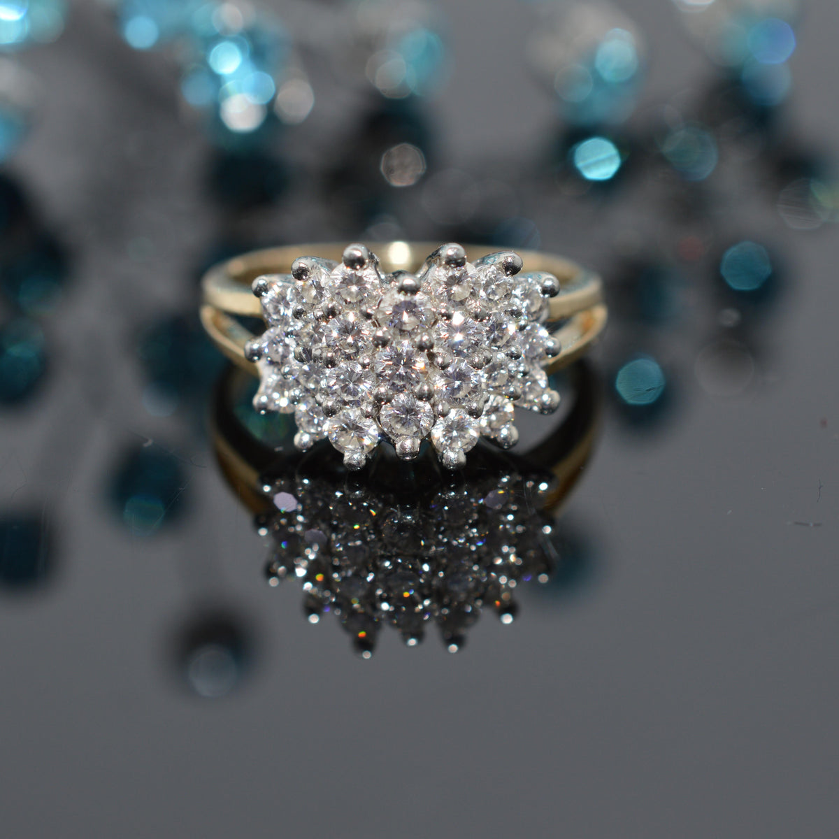 14K Two Tone Gold 1 Carat Total Weight Diamond Cluster Ring