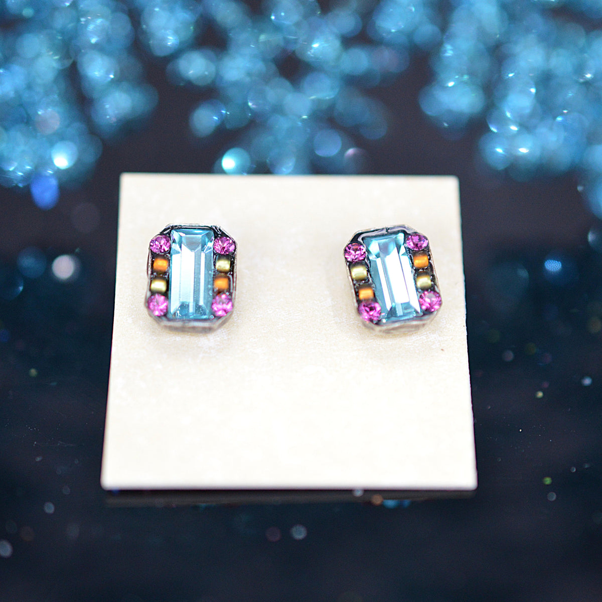 Antique Silver Plated Rectangular Stud Earrings With Multi-Color Crystals by Firefly