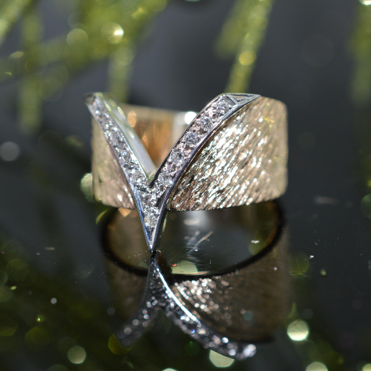 14K Two Tone Gold &amp; Diamond Chevron Band Ring