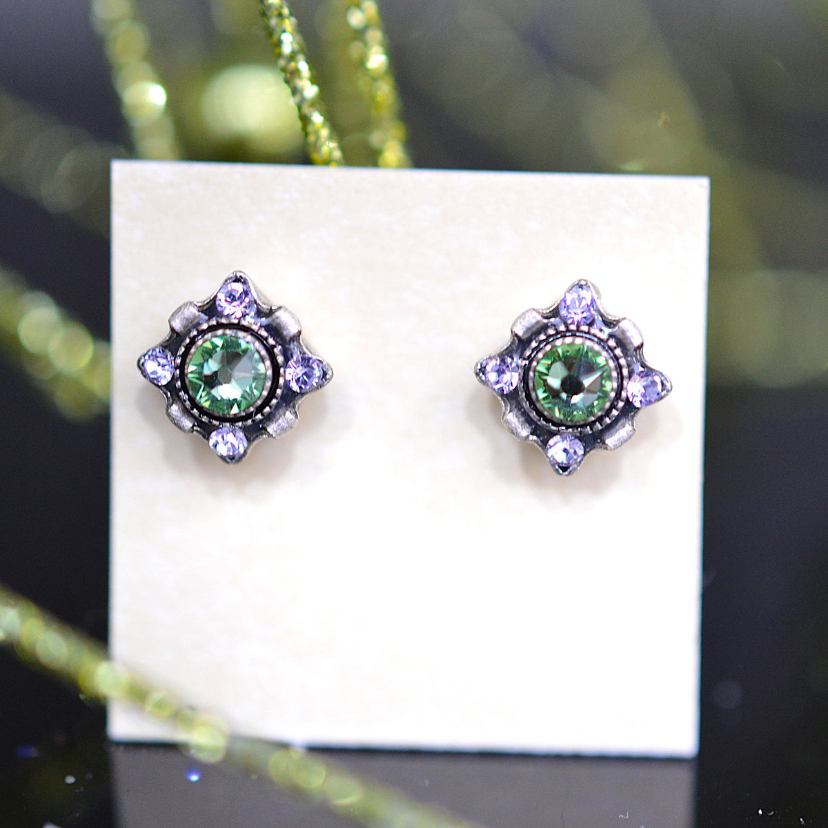 Antique Silver Plated Dulce Petite Stud Earrings With Chrisolite Color Crystals by Firefly