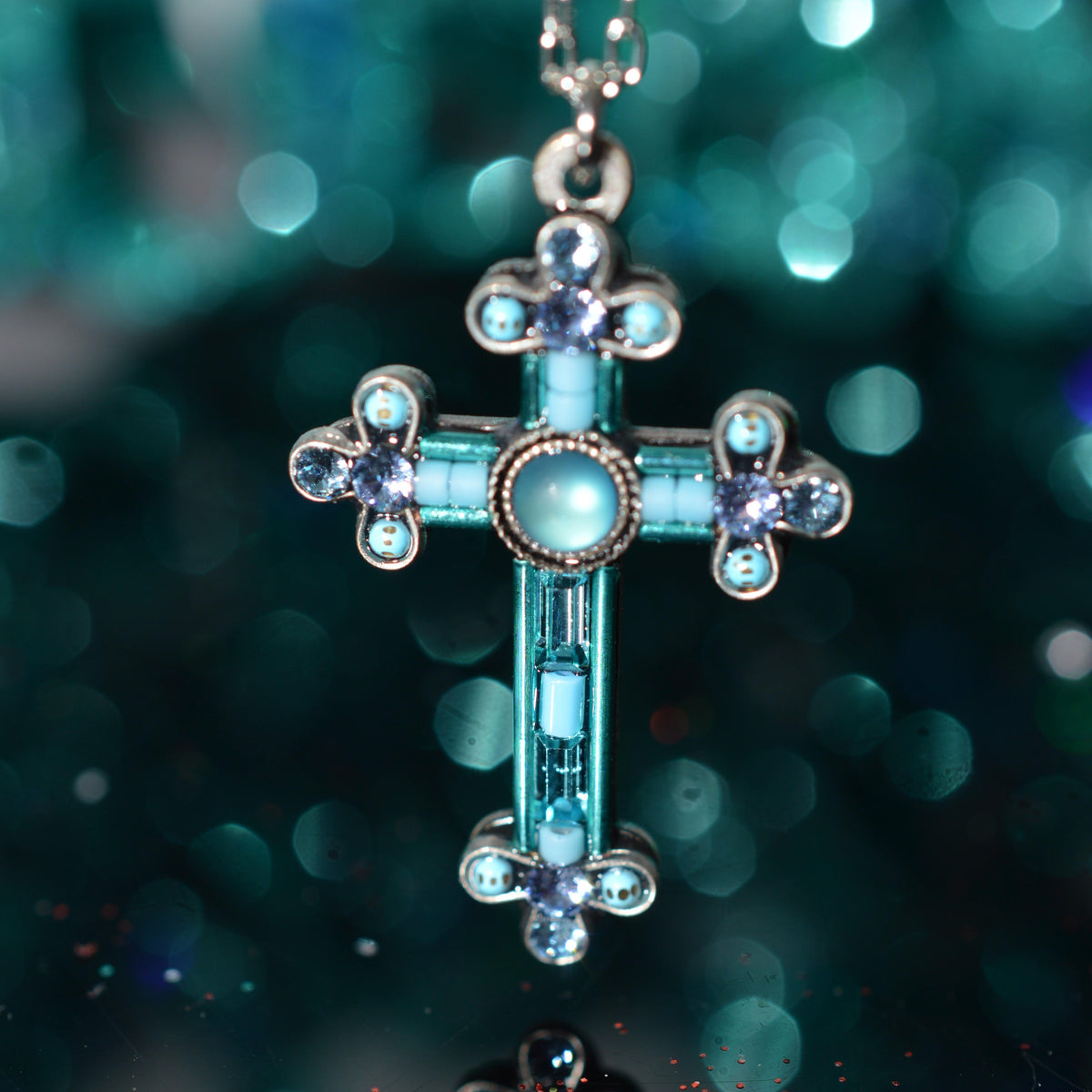 Antique Silver Plated Moonlight Inlay Crystal Cross Pendant by Firefly