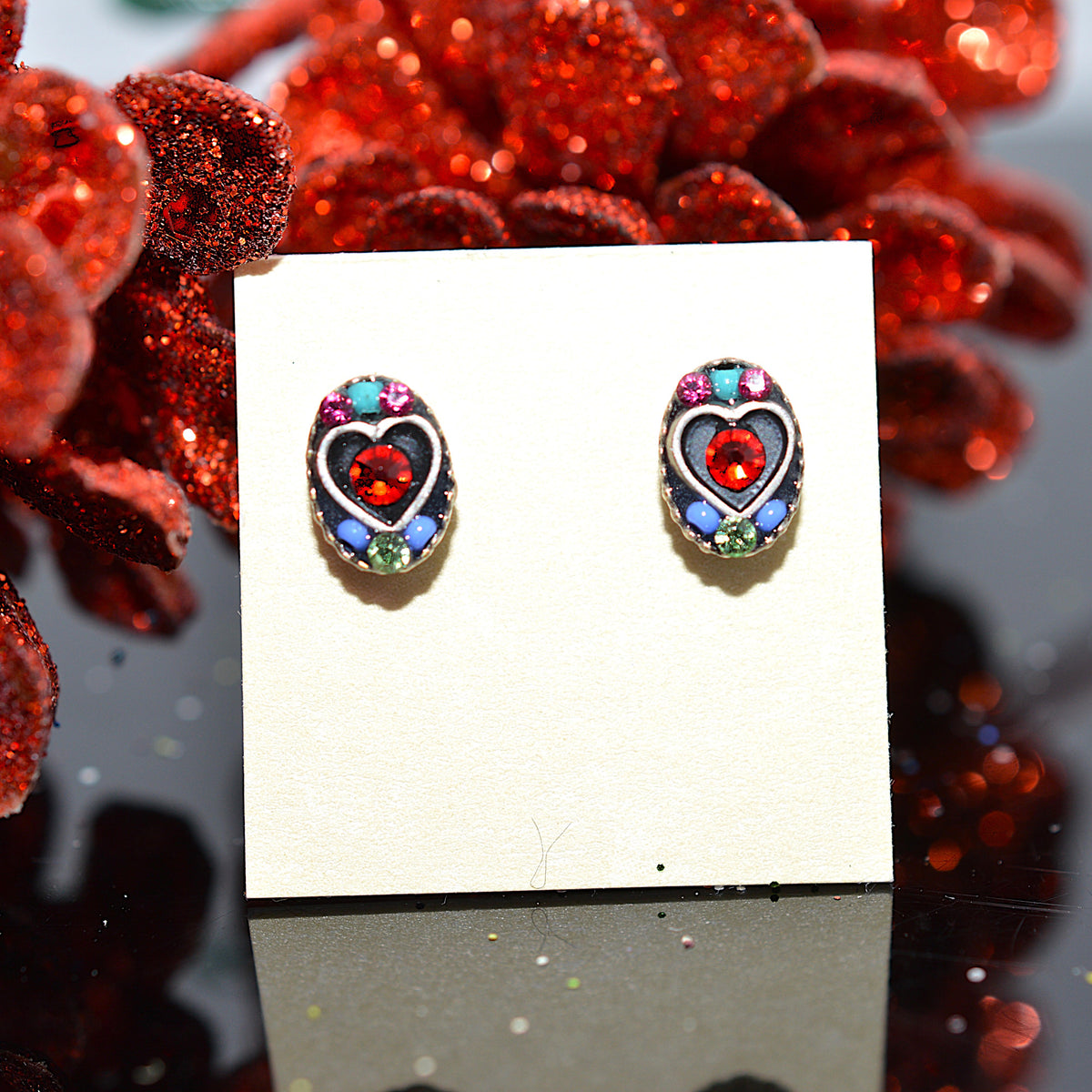 Antique Silver Plated Oval Shape Heart Stud Earrings With Multi-Color Crystals by Firefly
