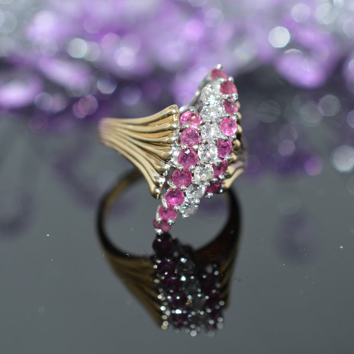 14K Two Tone Gold Ring With Rubies And Diamonds