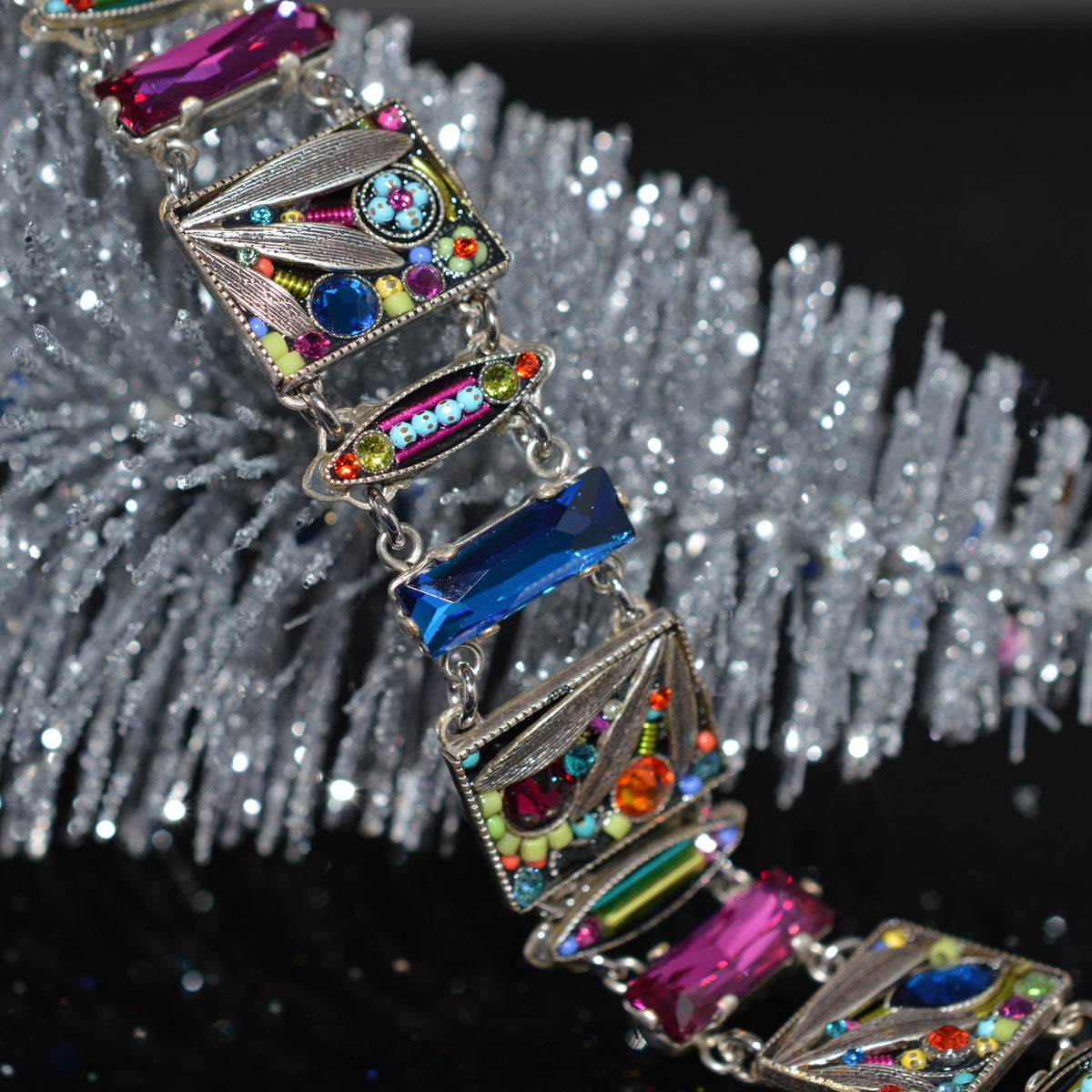 Antique Silver Plate Wide Botanical Bracelet With Multi-Color Crystals by Firefly