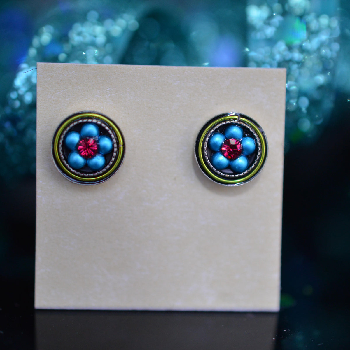 Antique Silver Plated Flower Stud Multi-Color Crystal Earrings by Firefly