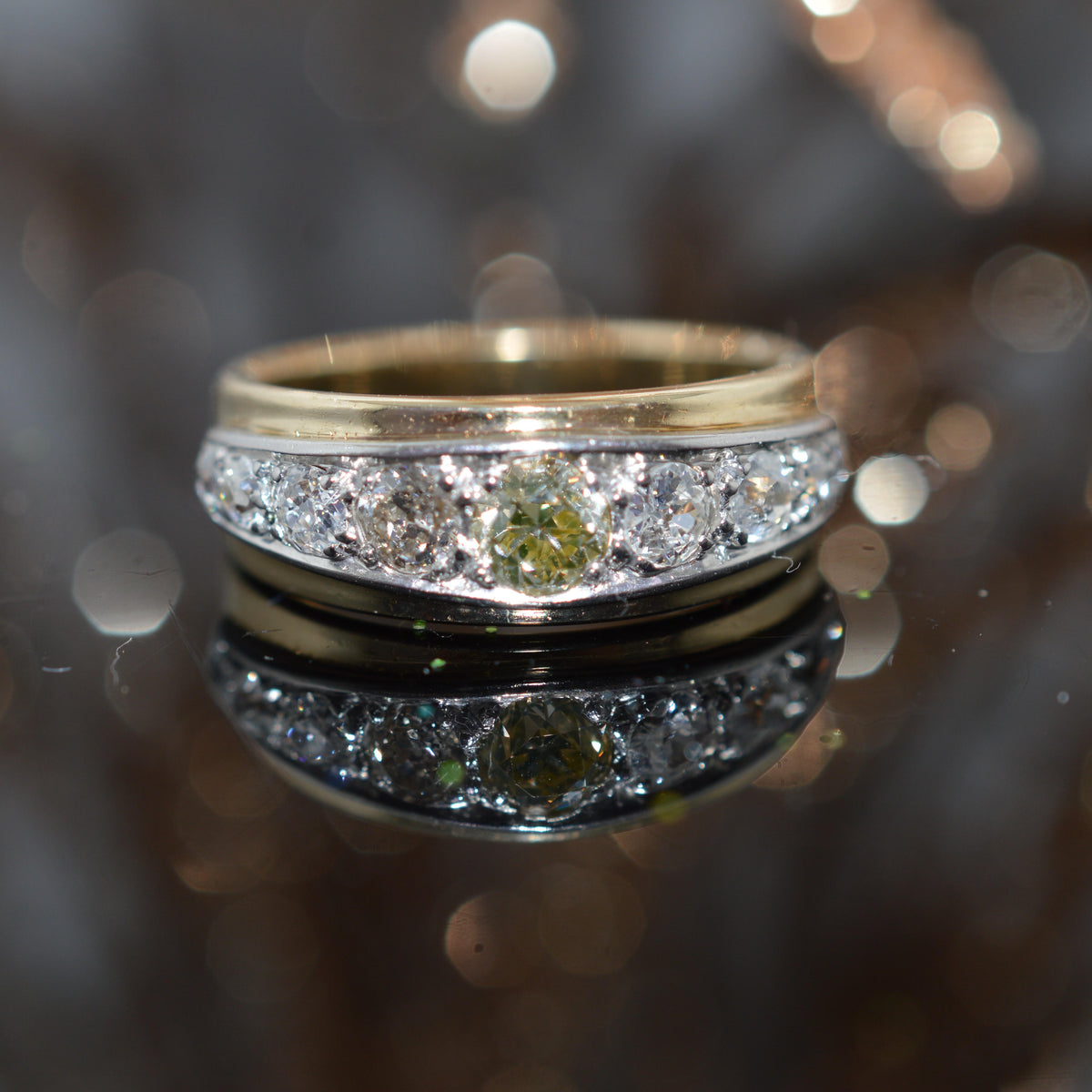 14K 2T Gold & Old Mine Cut Diamond Band Ring