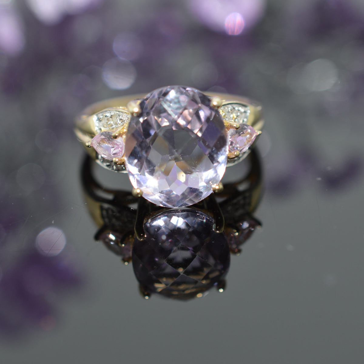 14K Yellow Gold Oval Amethyst, Pink Sapphire, & Diamond Ring