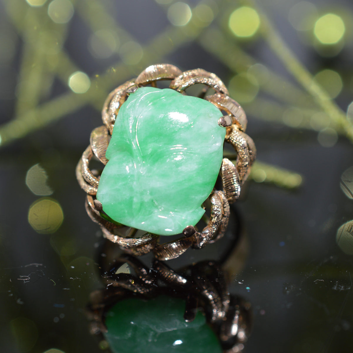 14K Yellow Gold Carved Green Jade Ring With Gold Border