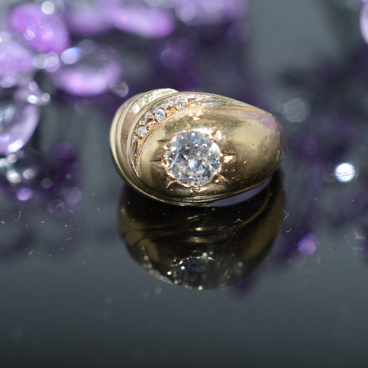 14K Yellow Gold Diamond Dome Ring With A Large Old European Cut Diamond