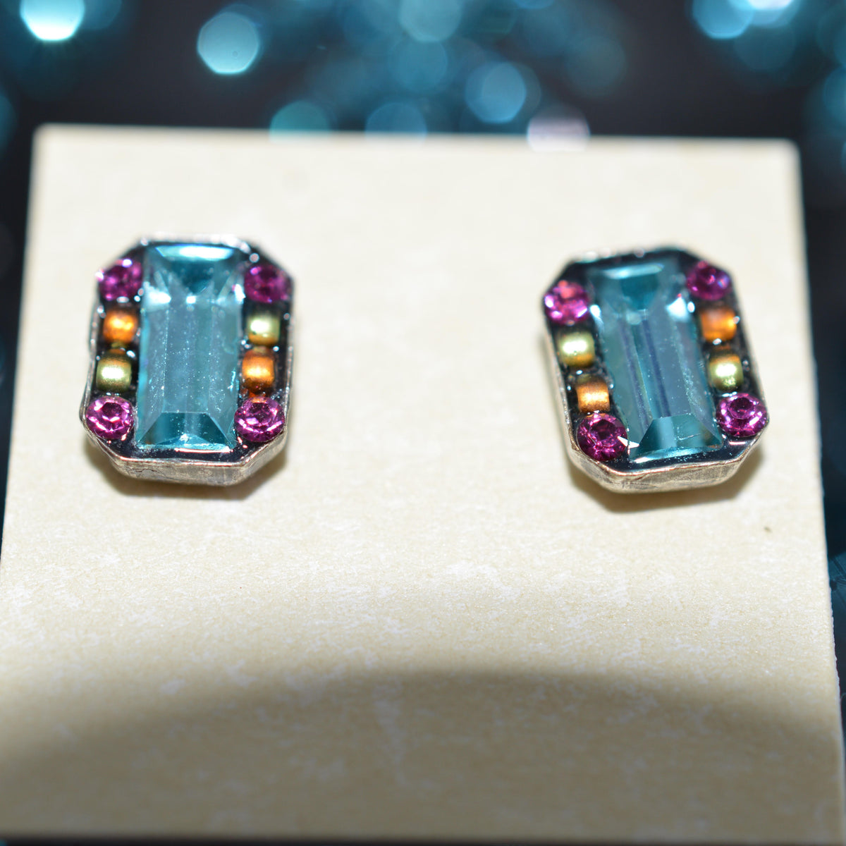 Antique Silver Plated Rectangular Stud Earrings With Multi-Color Crystals by Firefly