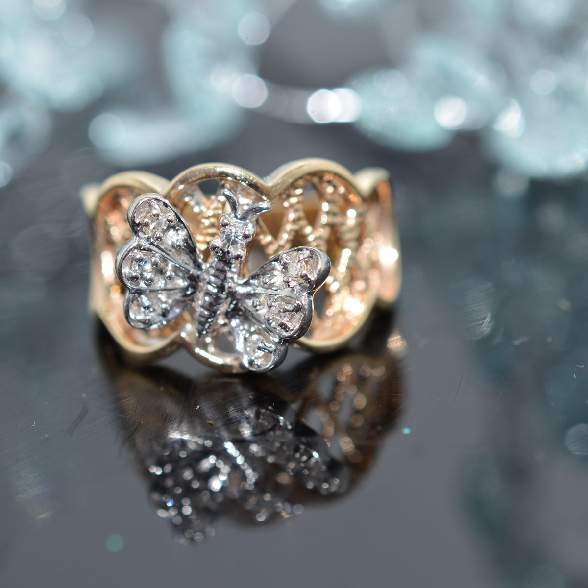 14K Two Tone Gold Wide Lattice Work Band With Diamond Butterfly