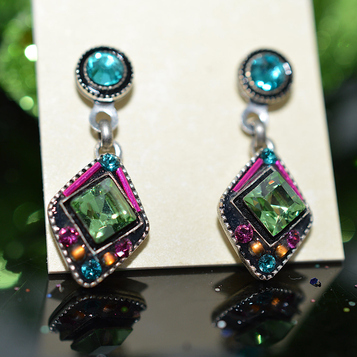 Antique Silver Plated Architectural Dangle Stud Earrings With Multi-Color Crystals by Firefly