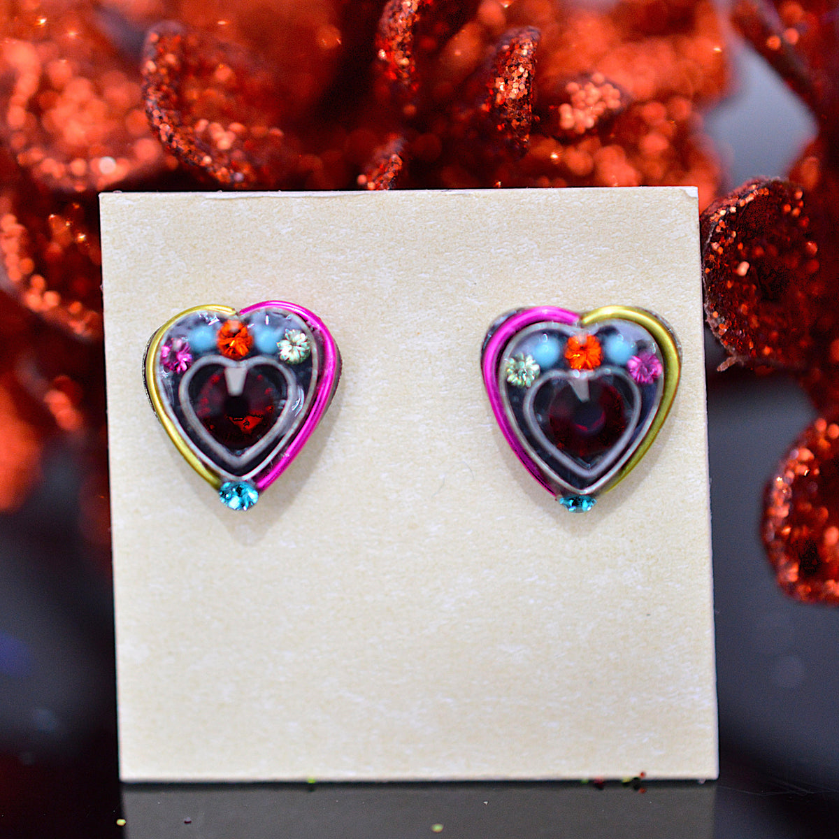 Antique Silver Plated Mini Heart Stud Earrings With Multi-Color Crystals by Firefly