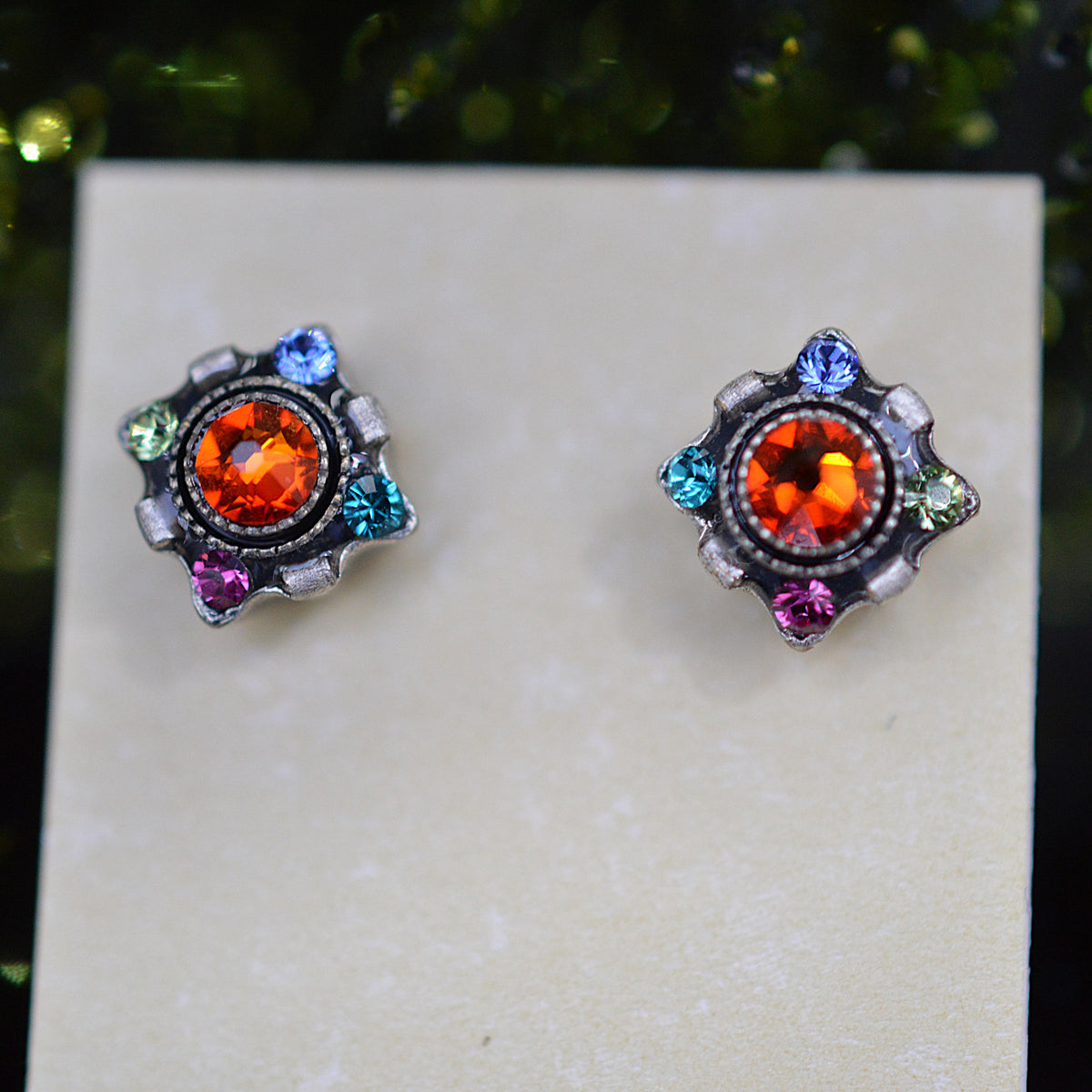 Antique Silver Plated Orange Dulce Petite Stud Earrings With Multi-Color Crystals by Firefly