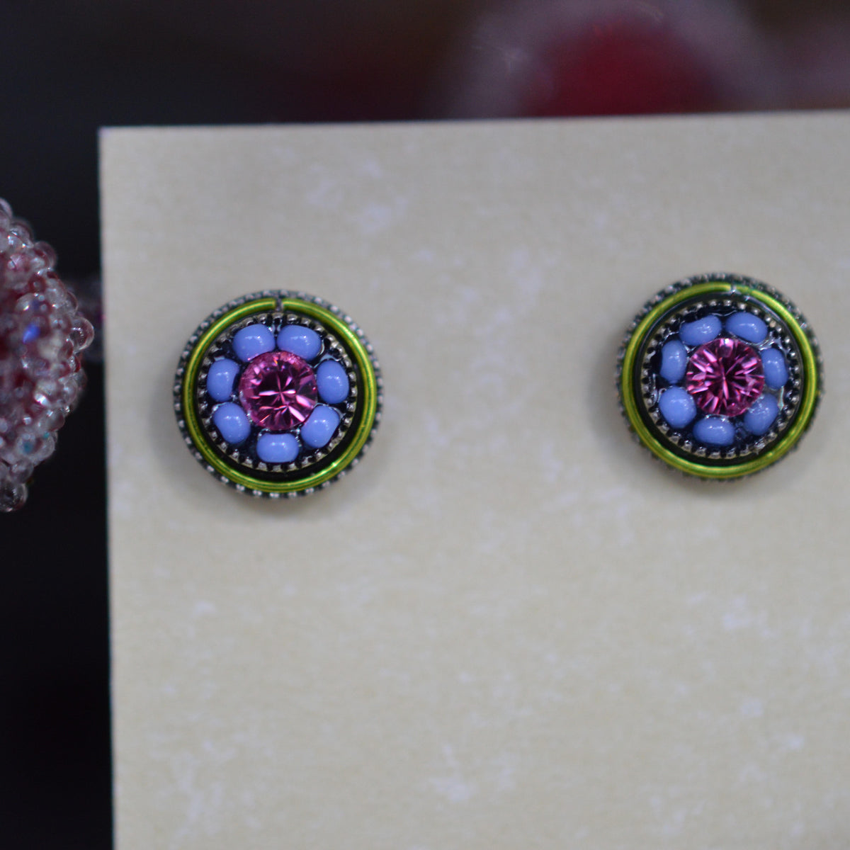 Antique Silver Plated Flower Stud With Periwinkle Crystal Earrings by Firefly