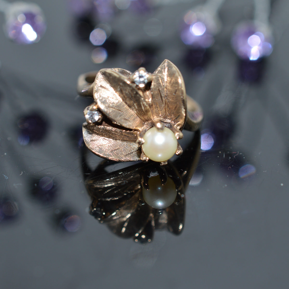 10K Yellow Gold Botanical Ring With A Pearl & 2 Simulated Diamonds