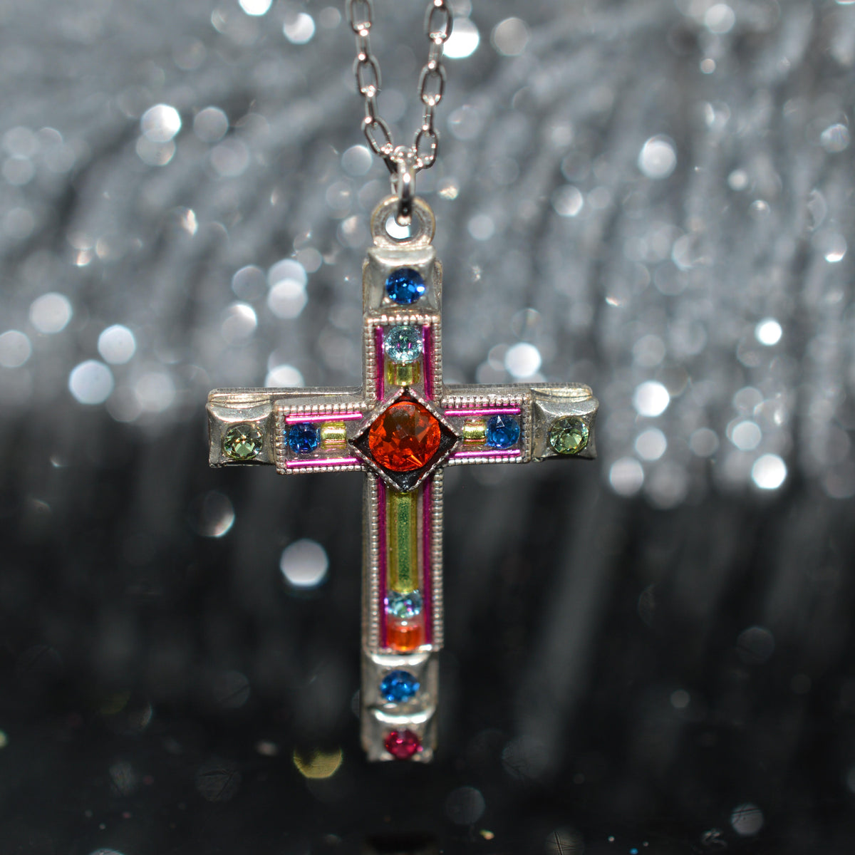 Antique Silver Plated Large Multi-Color Crystal Cross Pendant by Firefly