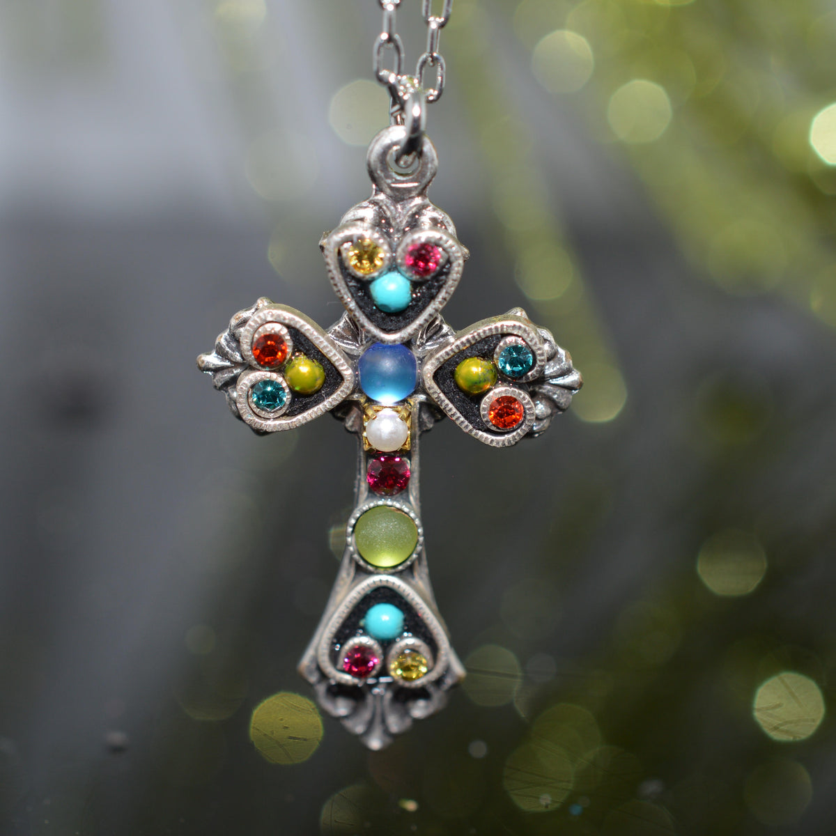Antique Silver Plated Medium Multi-Color Crystal Cross Pendant by Firefly