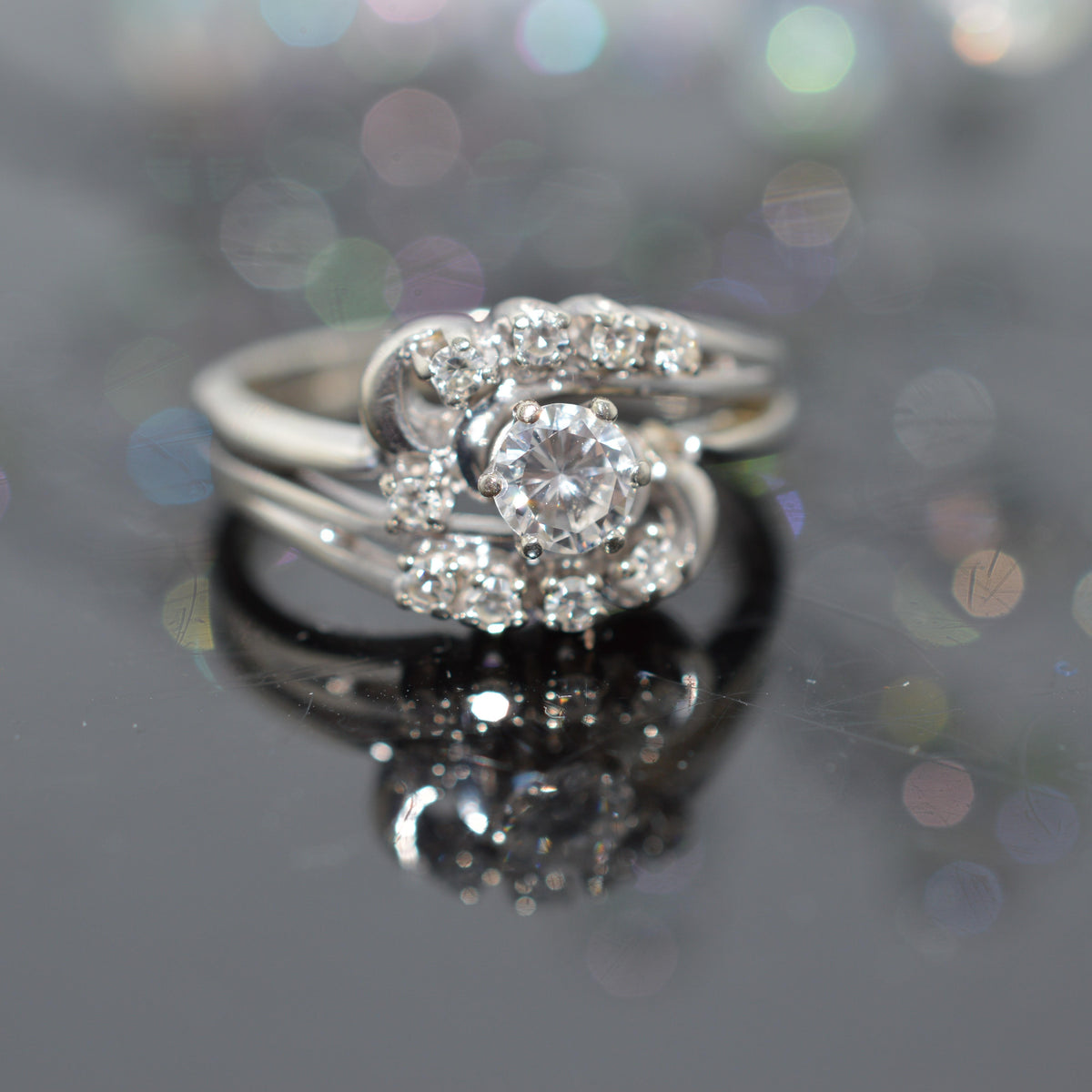 14K White Gold Diamond 2 Piece Engagement Ring Set Welded Together