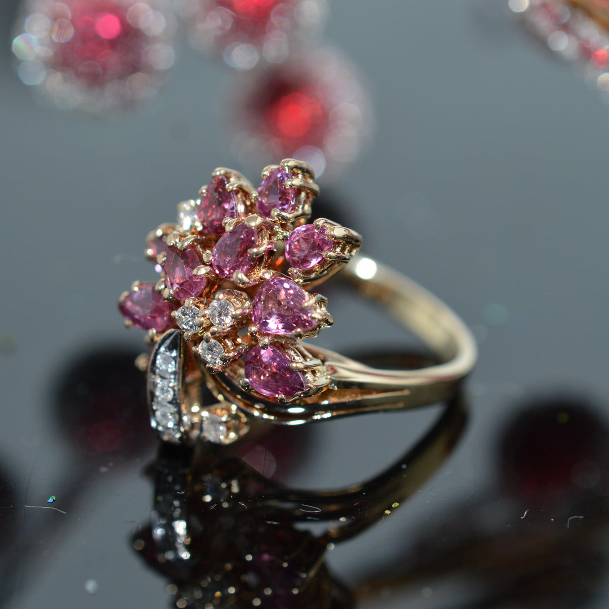 14K Two Tone Gold Ruby & Diamond Cluster Ring