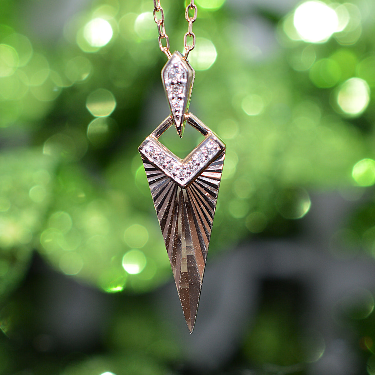 14K Yellow Gold Art Deco Inspired Chevron Sunburst Diamond Necklace
