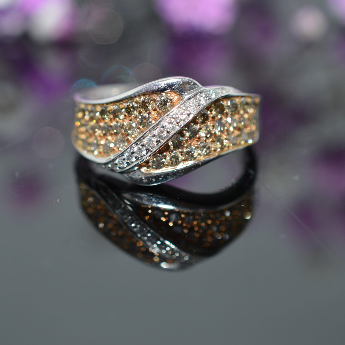 14K Rose & White Gold Diamond Fashion Ring With White & Champagne Diamonds