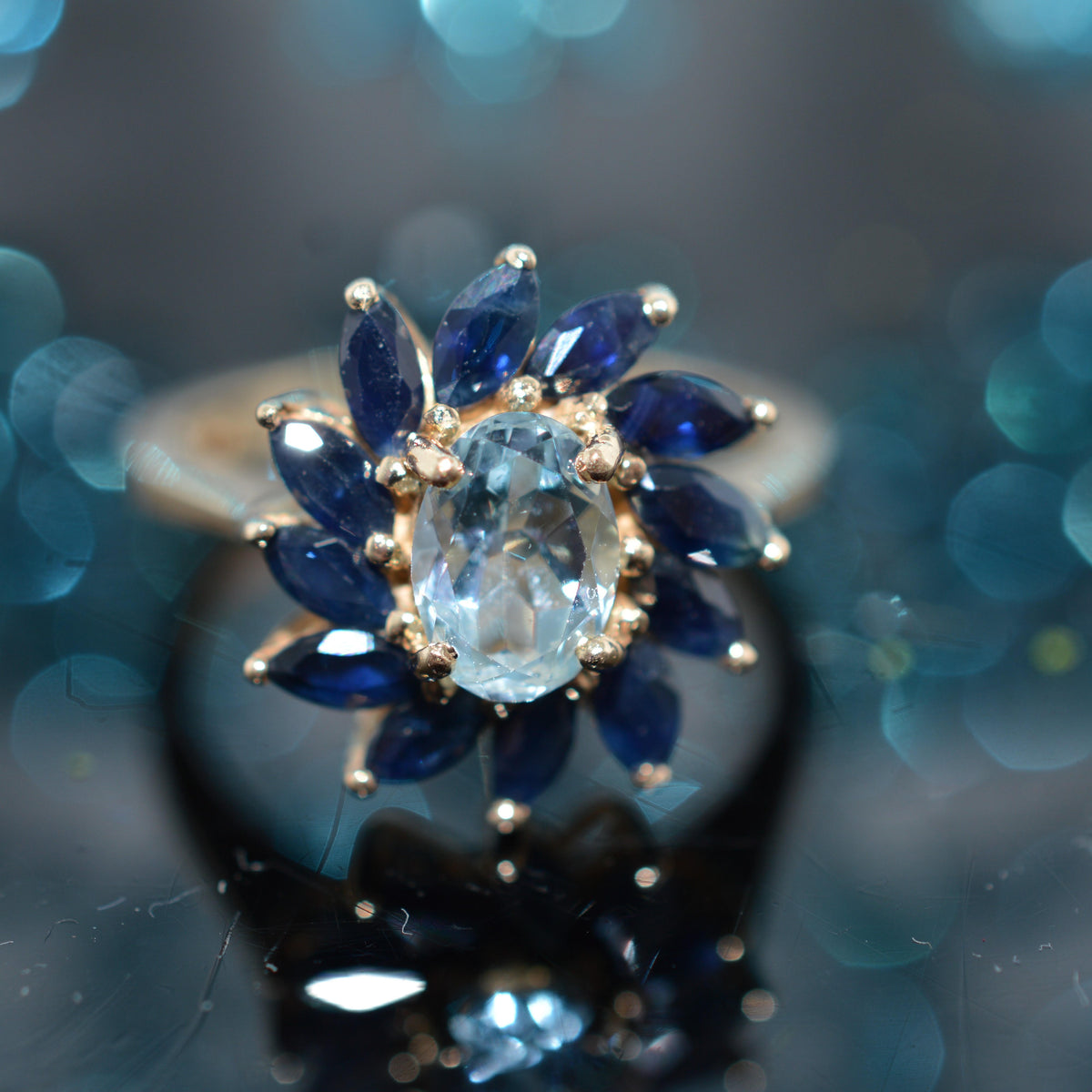 14K Yellow Gold Oval Aquamarine & Marquise Sapphire Spiral Ring