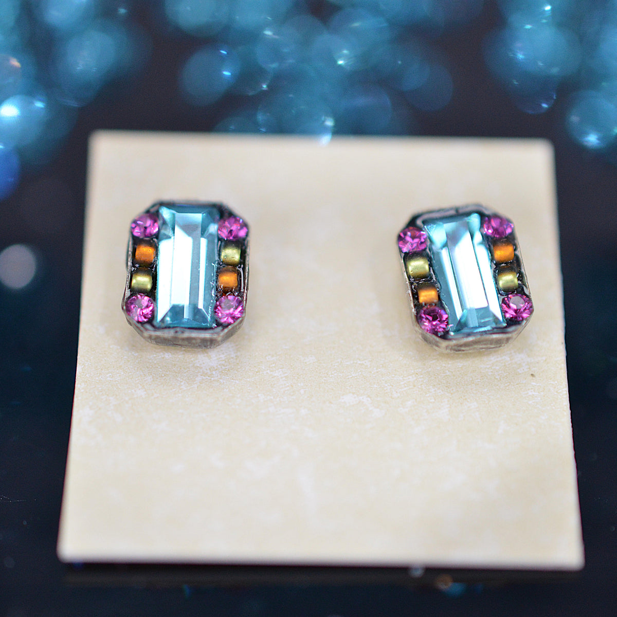 Antique Silver Plated Rectangular Stud Earrings With Multi-Color Crystals by Firefly