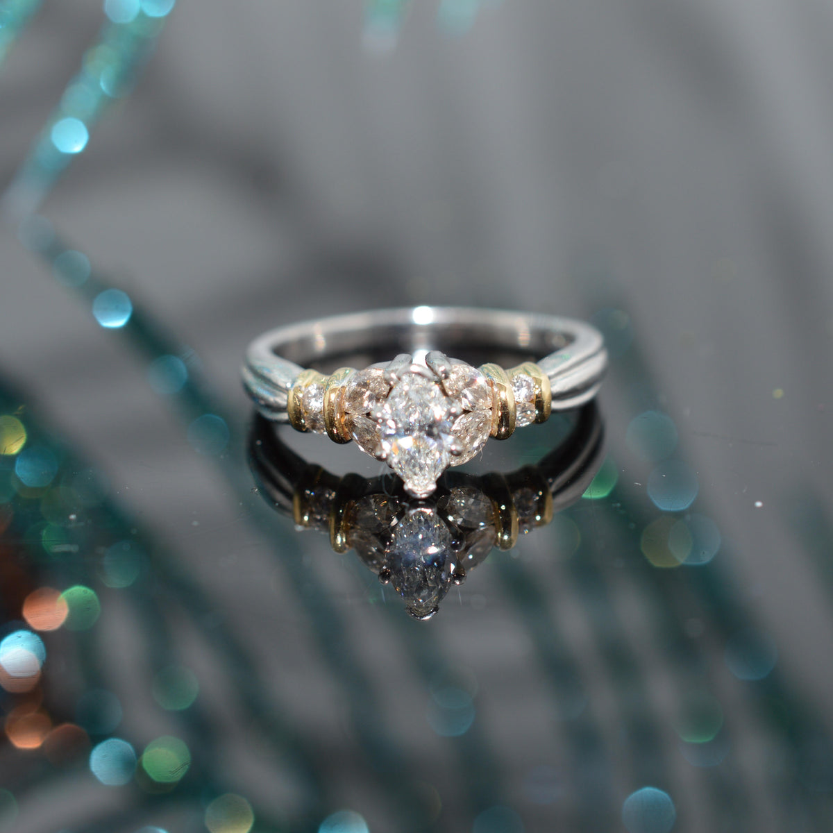 Platinum & 18K Yellow Gold Marquise Diamond Engagement Ring