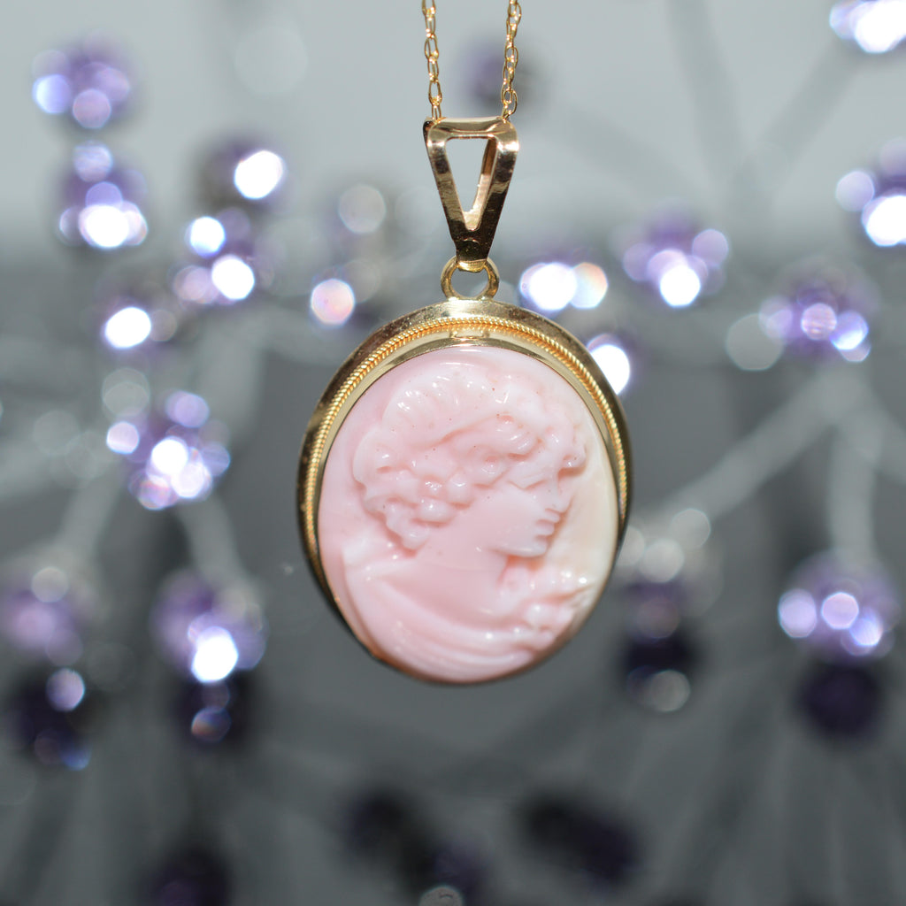 14K Yellow Gold Chain With Pink Oval Cameo Pendant - Howard's DC