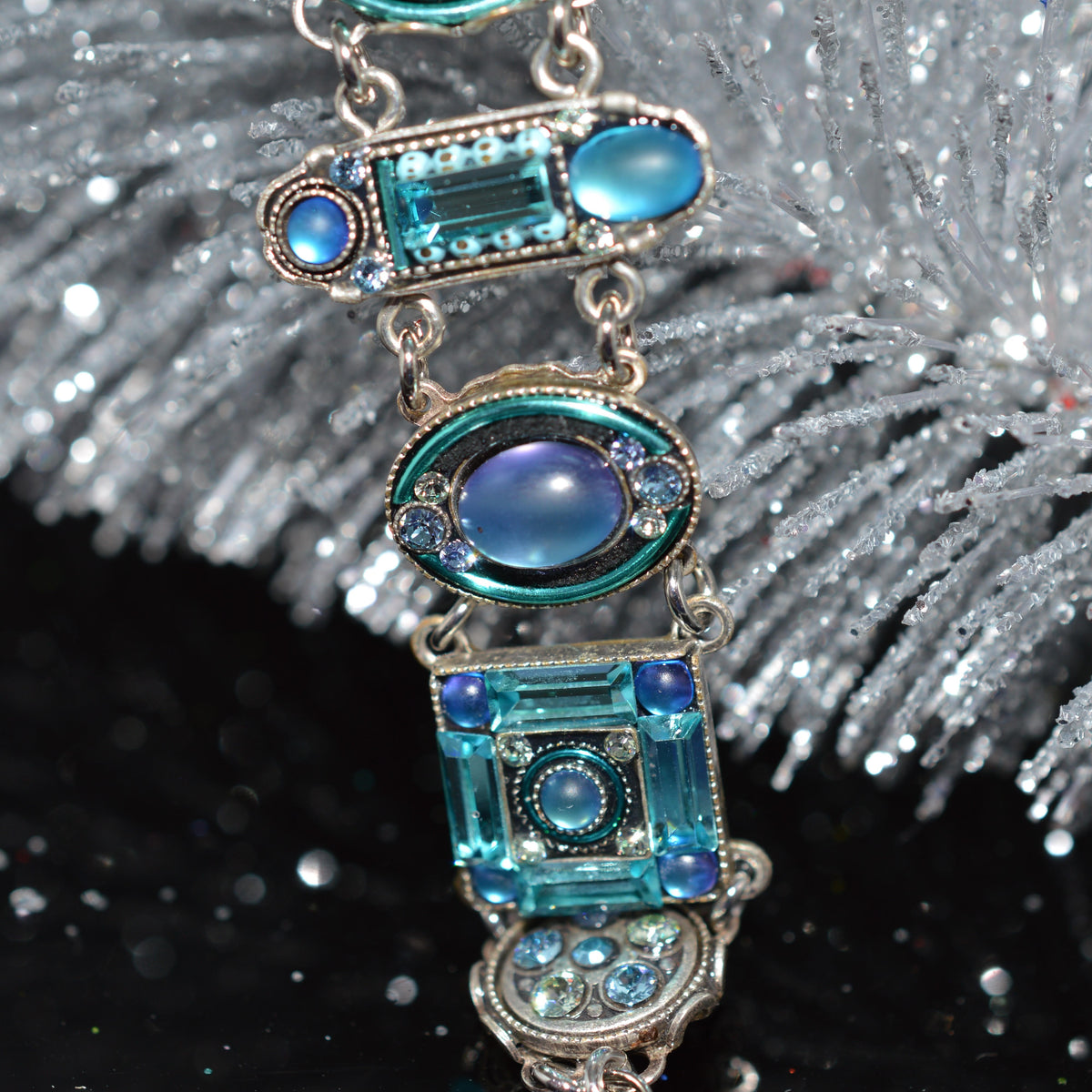 Antique Silver Plate La Dolce Vita Bracelet With Moonlight Light Blue Crystals by Firefly