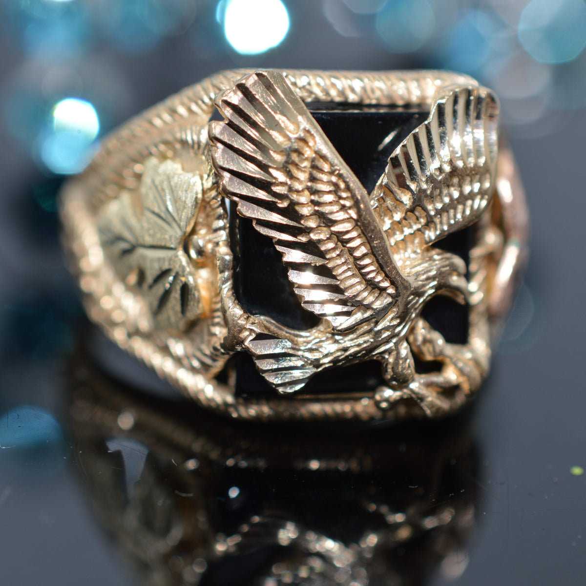 10K Tri-Color Black Hills Gold Black Onyx & Eagle Ring