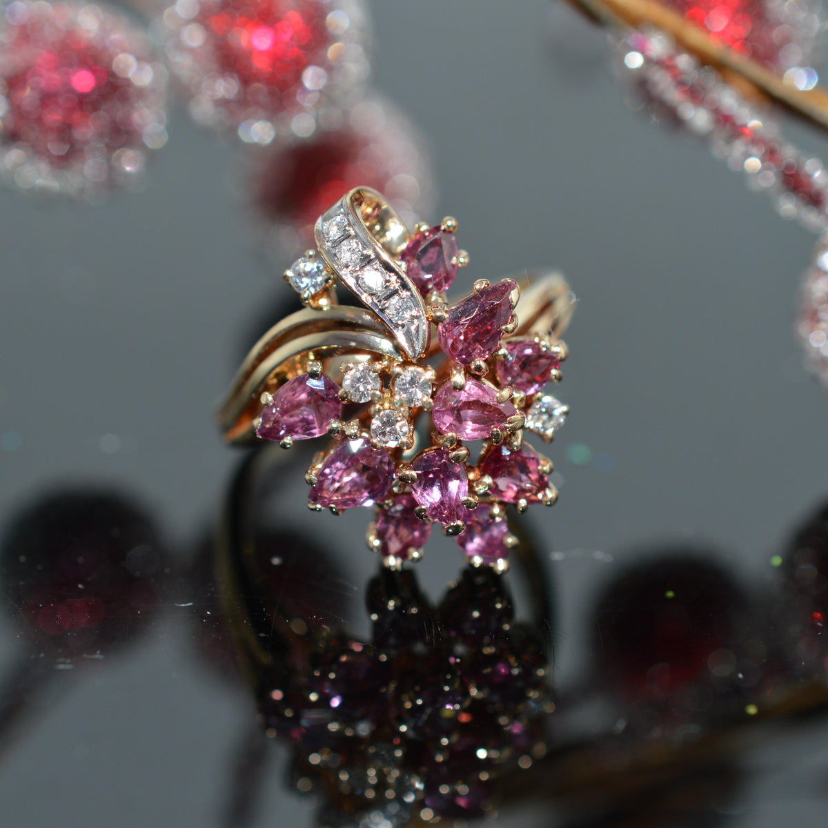 14K Two Tone Gold Ruby & Diamond Cluster Ring