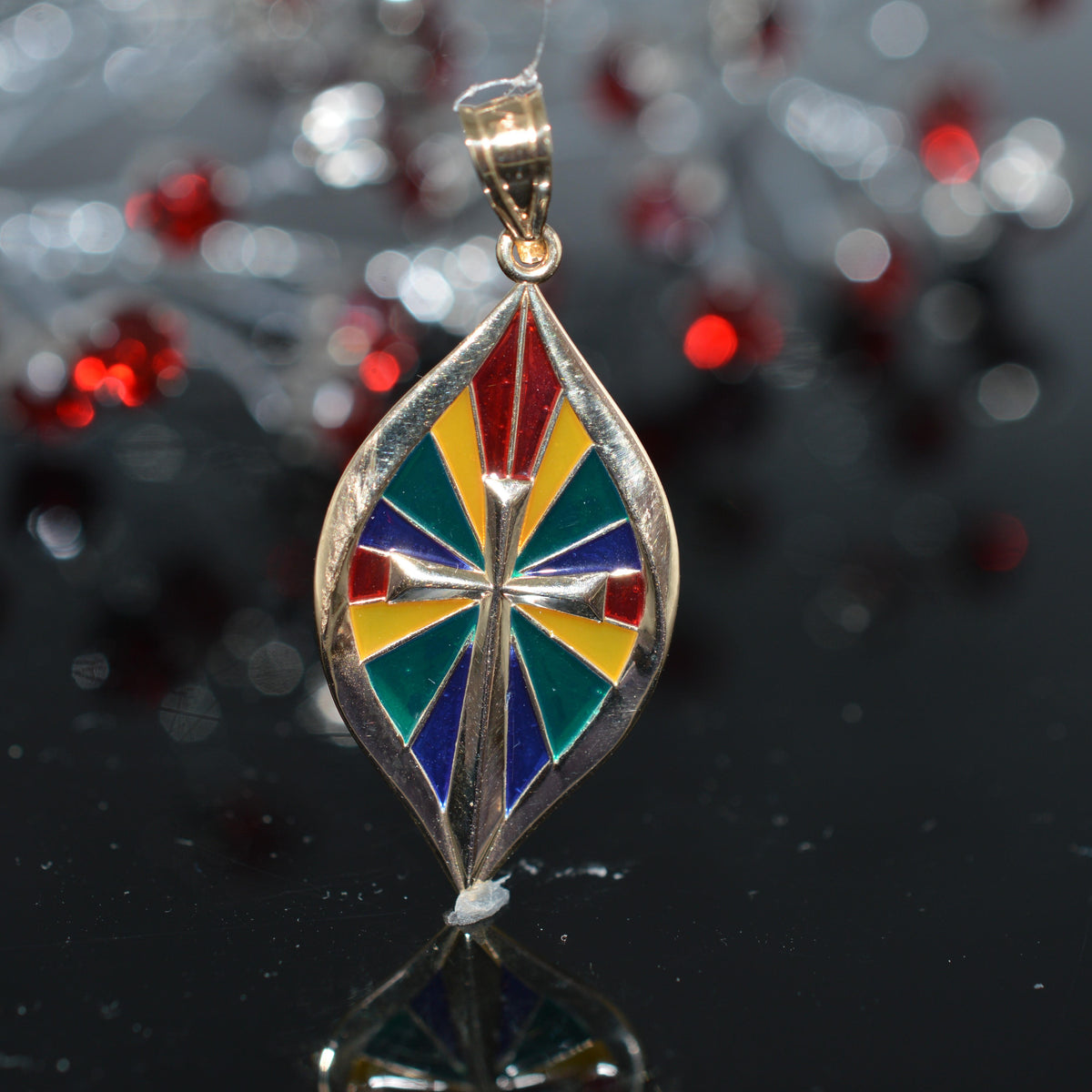 14K Yellow Gold Cross On Stained Glass Background Charm