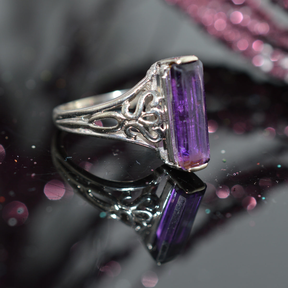 14K White Gold Ring With Long Baguette Cut Amethyst
