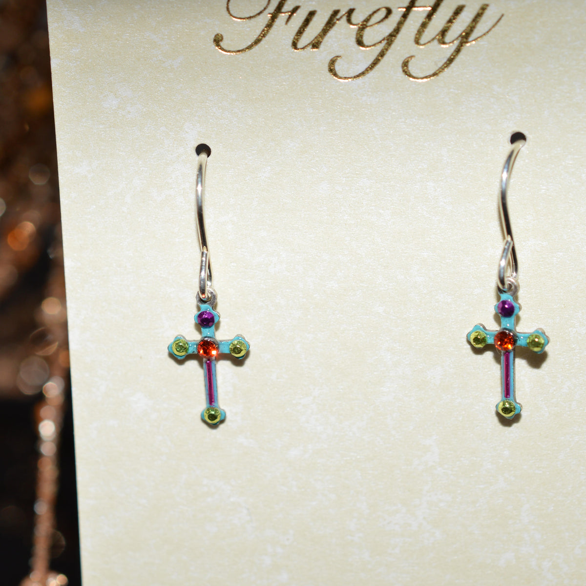 Antique Silver Plated Multi-Color Crystal Cross Earrings by Firefly