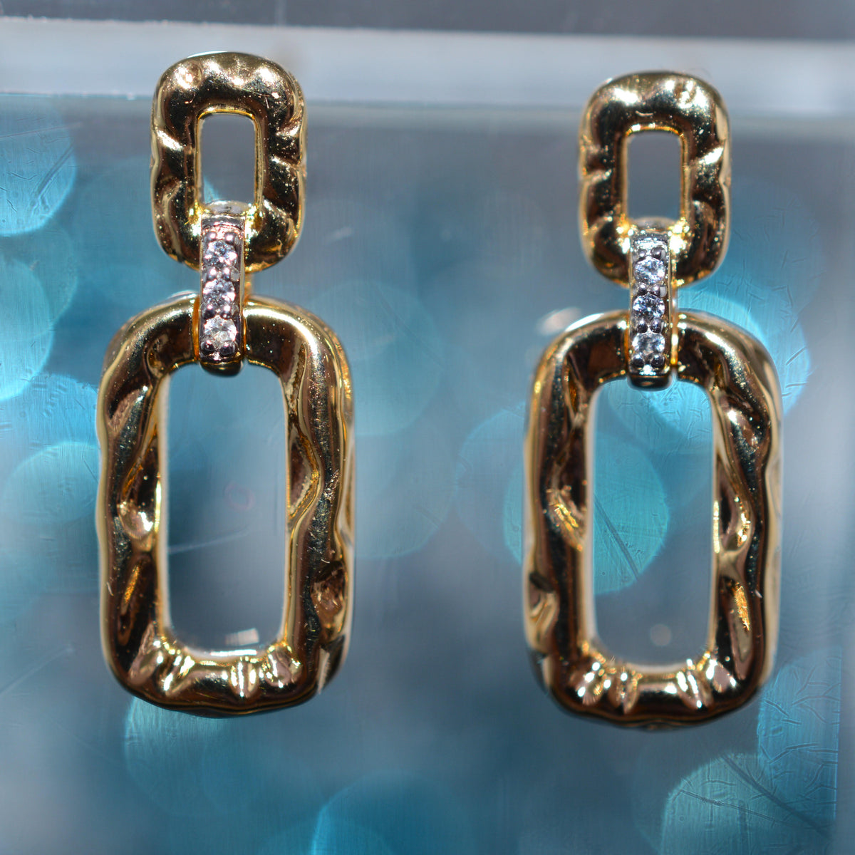 Gold Vermeil Earrings With Hammered Finish & White Sapphire Gemstones