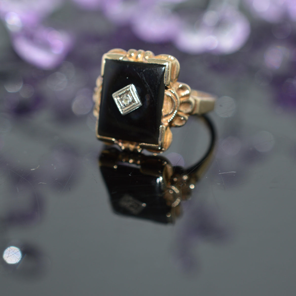 10K Yellow Gold Black Onyx & Diamond Ring by Ostby & Barton