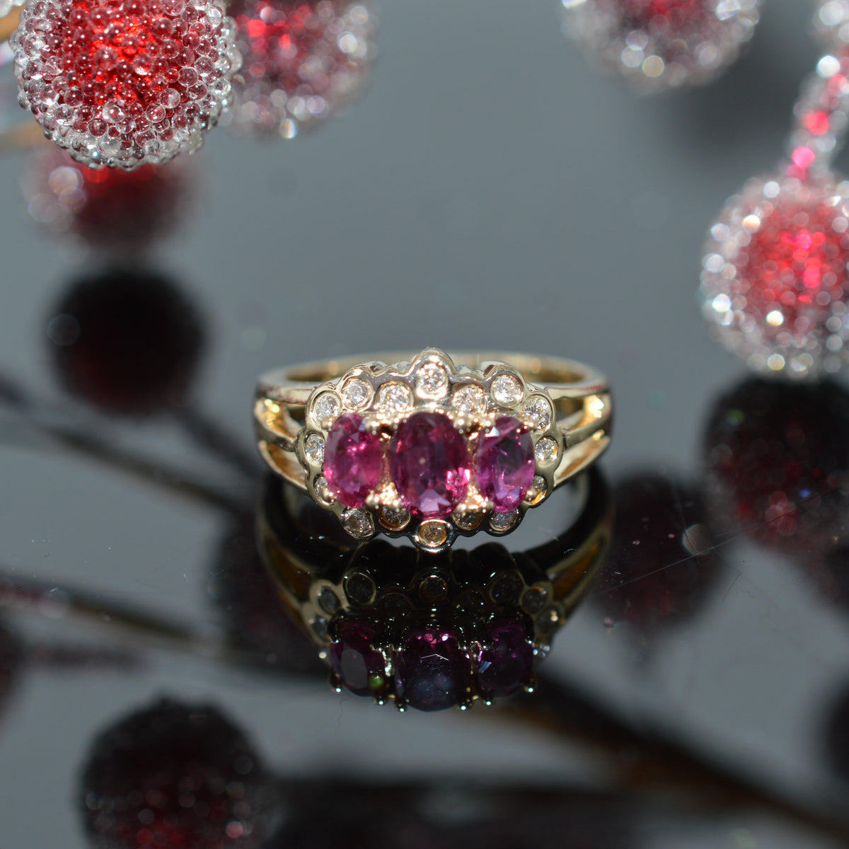 14K Yellow Gold 3 Oval Genuine Ruby & Diamond Ring