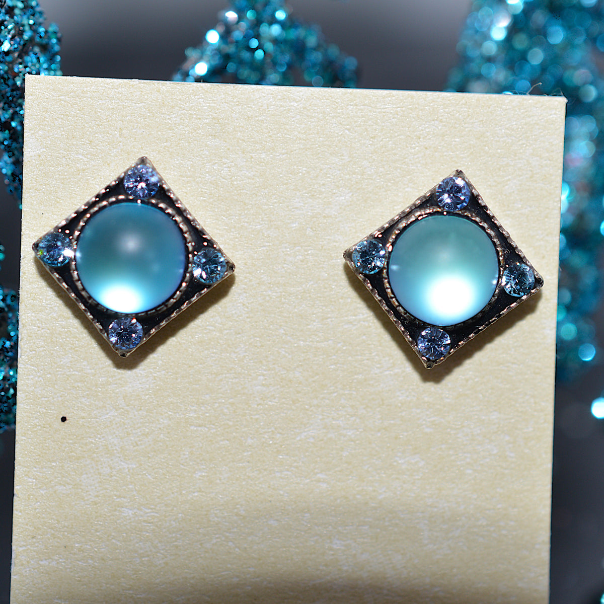 Antique Silver Plated Moonlight Rainbow Stud Earrings With Light Blue Crystals by Firefly